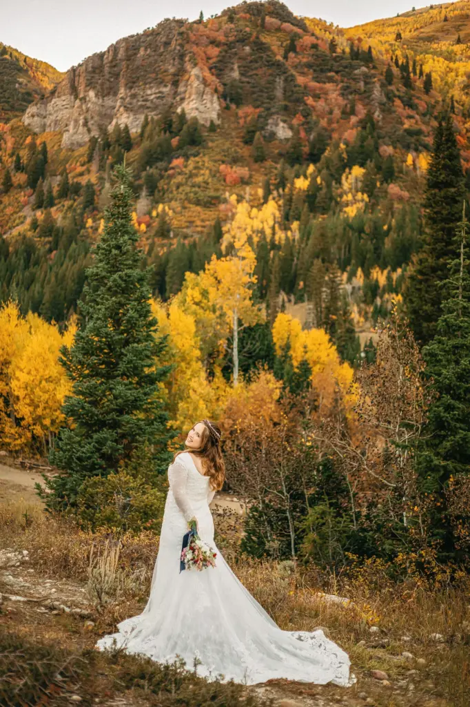 Bride posing in Jordan Pine Utah